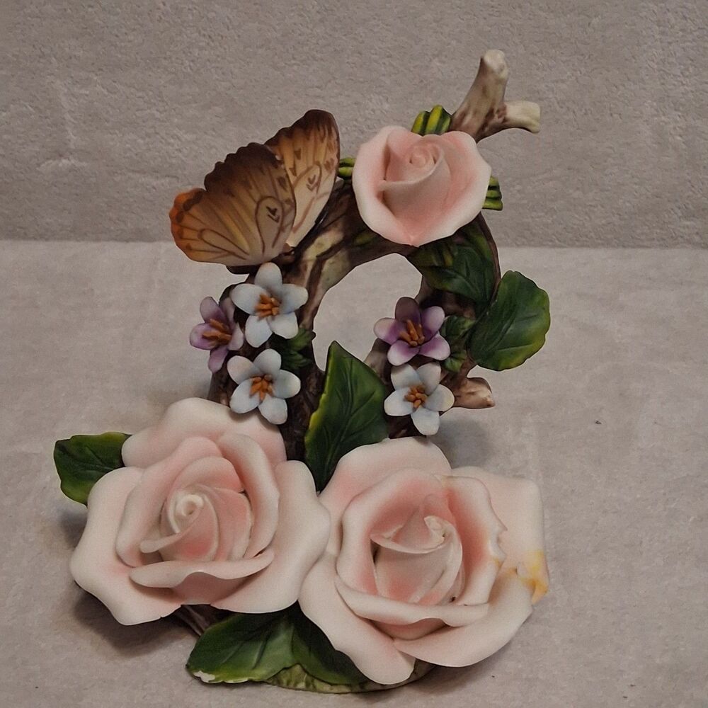 Figurine Porcelain Pink Roses Flowers And Butterfly On Branch 6inx 6inx4in